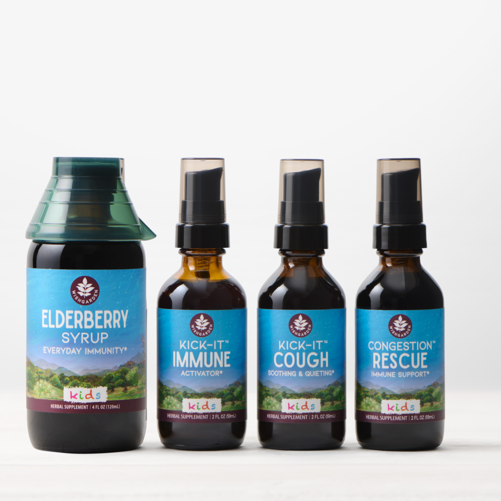 WishGarden Herbs Kids Wellness Essentials Bundle: Elderberry Syrup, Kick-It Immune, Kick-It Cough and Congestion Rescue for kids
